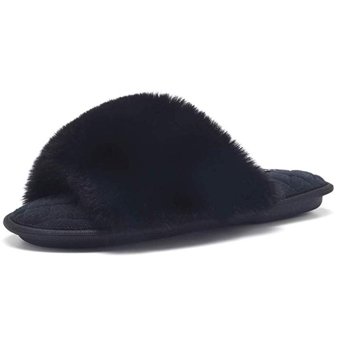 womens black faux fur slippers